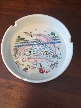 Vintage Pink Dolphin Ceramic Ashtrayl with Ocean Illustration